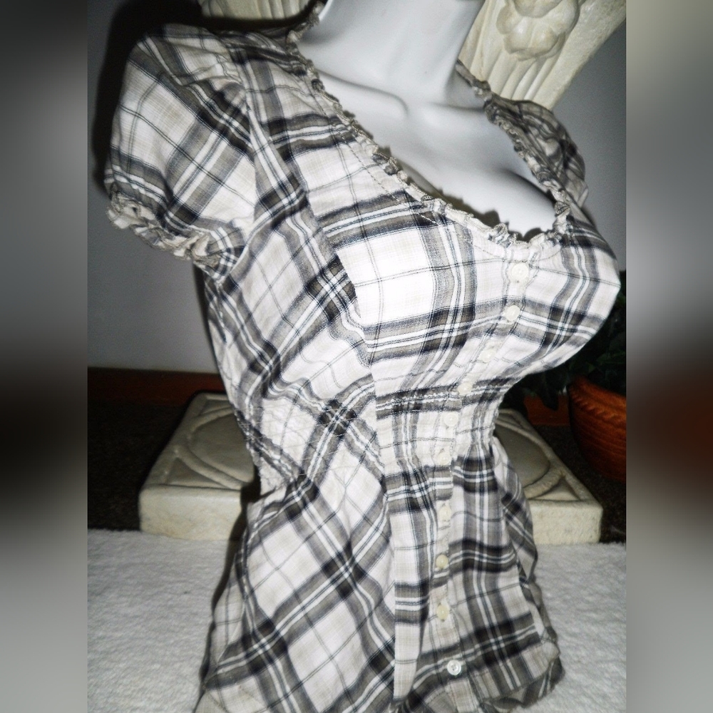 Guess XS Coquette  Fitted Peasent Plaid Blouse Top